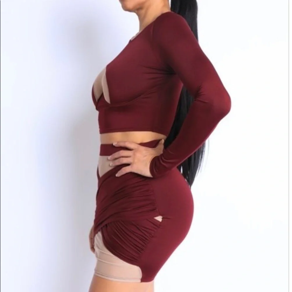 NEW TRENDY LONG SLEEVE WIRE BRA CROP TOP AND MIDI MESH BODYCON SKIRT SET